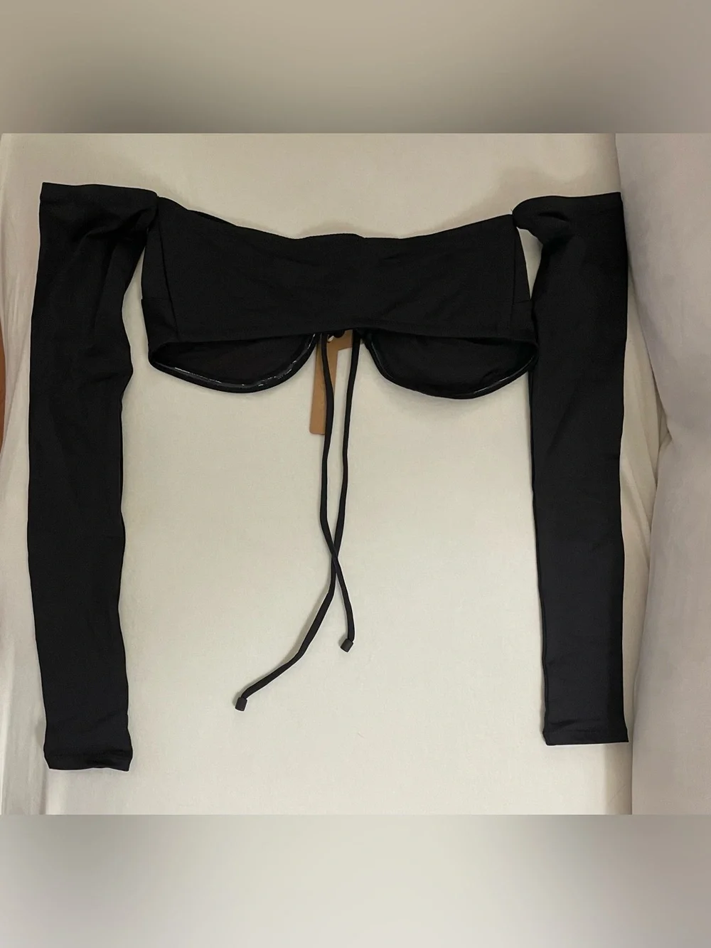 Skims NWT Swim Long Sleeve Bikini Top Only Black Onyx Strapless Tie-Front Size S